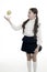 Child schoolgirl wear formal uniform hold apple. Girl cute pupil hold apple fruit stand on white background. Kid happy