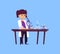 Child scientist behind desk with microscope, flat vector illustration isolated.