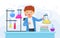 Child scientist in scientific chemical experiment, boy chemist holding laboratory flask