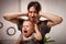 The child is screaming, hysterical. A tired dad doesn`t want to hear the baby. The parent is irritated, tired, wants to take a