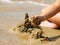 Child sculpts a pyramid of sand on the beach.