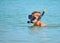 The child in the sea with the marine tube. scuba diving at sea. The boy in the glasses on the ocean