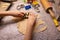 Child shaping and cutting baking cookies for christmas