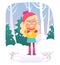 Child shivering in cold weather, kid standing in winter frozen forest landscape with snow