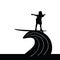 Child silhouette surfing on wave in black illustration