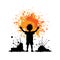 Child silhouetted with arms raised against splash of paint. Silhouette of a joyful kid with vibrant background. Playful