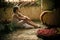 Child sit with flower bouquets, floral arrangement, garlands on floor