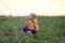 A child sits in a field at sunset in summer.