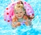 Child sitting on inflatable ring in swimming pool.