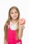 Child smile with donut isolated on white. Little girl with glazed ring doughnut. Happy kid with junk food. Food for