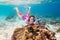 Child snorkeling. Kids underwater. Beach and sea