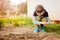 Child sowing vegetables in the home garden.