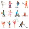 Child in sport vector boy or girl character playing hockey or soccer and children dancing or skating illustration set of