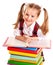 Child with stack book.