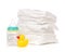 Child stack of diapers baby feeding milk bottle with water