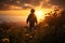 A child stands amidst tall grass, silhouetted against a breathtaking sunset, emanating a sense of wonder and tranquility