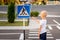 A child stands at a Pedestrian crossing sign and points at it with his finger, traffic rules for children