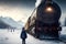 Child stands in snow next to smoking Polar Express Train