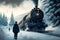 Child stands in snow next to smoking Polar Express Train