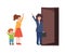 Child stays at home with nanny and says goodbye to mother flat vector isolated.