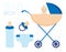 The child in the stroller. The boy is a newborn. He has a nipple, a bottle and a diaper. A set of illustrations.