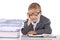 Child, suit and studio or stress work or dress up kids game for future research job, notebook or white background
