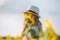 Child and sunflower, summer, nature and fun. Summer holiday.