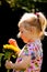 Child with sunflowers in the garden in summer