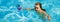 Child swimming. Kids summer vacation. Summertime. Swimming pool. Banner for header, copy space. Poster for web design.