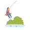 Child swinging on bungee swing over river, flat vector illustration isolated.