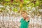 Child taking grapes from vine in autumn. Little boy in vineyard. Fight picking grapes