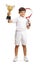 Child tennis player with a trophy cup