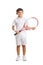 Child with a tennis racket smiling at the camera