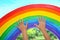 Child touching picture of rainbow on window. Stay at home concept