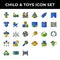 Child and toys icon set include robot,car,castle,clothes,carriage,kids,spinning,hanging toy,balloon,puzzle,rattle,game boy,baby,