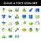 Child and toys icon set include robot,car,castle,clothes,carriage,kids,spinning,hanging toy,balloon,puzzle,rattle,game boy,baby,