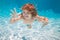 Child underwater. Funny face portrait of child boy swimming and diving underwater with fun in pool.