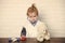 Child veterinarian examine teddy bear with stethoscope