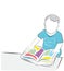 The child views the book with color pictures. vector illustration.