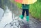 Child walking in wellies in puddle on rainy weather