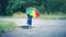 Child walking in wellies in puddle on rainy weather