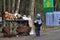 A child watching a toy stall. Wicker baskets, Bialowieza Forest. Object of desire. Children\'s dreams