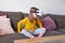 Child watching virtual reality glasses and talking