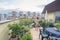 child watering flowers in huge terrace full of flowers