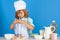 Child wearing cooker uniform and chef hat preparing vegetables on kitchen, studio portrait. Cooking, culinary and kids