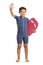 Child in a wetsuit holding a swimming float board and waving