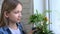 Child on Window, Teenager Girl Admiring Gardening the Flowers, Kid Gardener