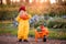 A child in yellow overalls drives a toy car with vegetables against the backdrop of a vegetable garden and cabbage beds