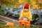 A child in yellow overalls drives a toy car with vegetables against the backdrop of a vegetable garden and cabbage beds