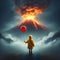 Child in Yellow Raincoat Holding Red Balloon Facing Erupting Volcano at Twilight